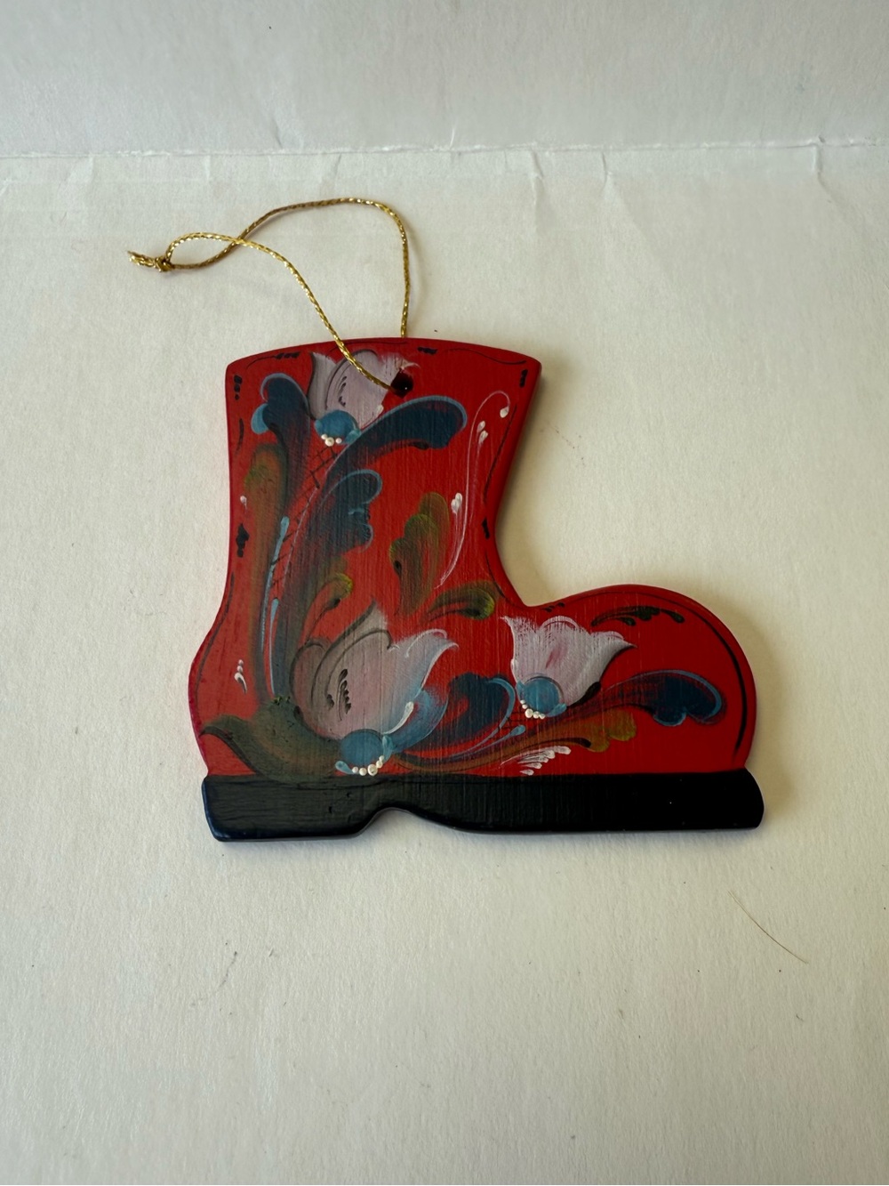 Vintage Hand-Painted Norwegian Folk Art Rosemaling Red Wooden Boot Ornament.